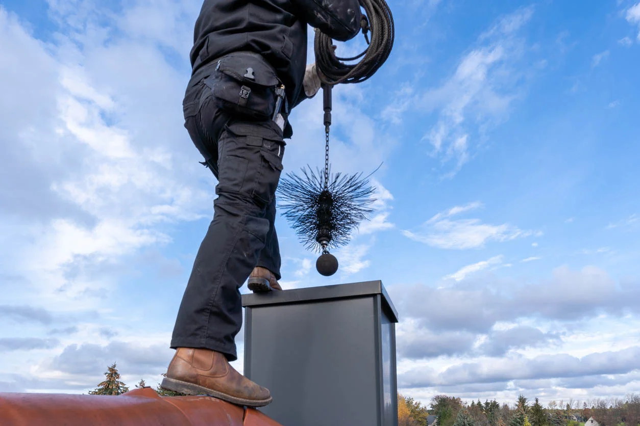 man standing on a roof cleaning a chimney